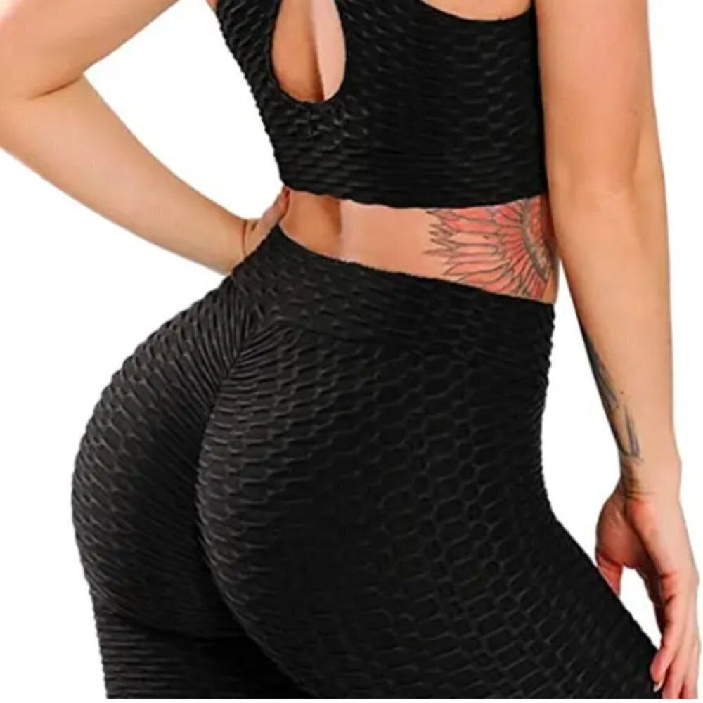 Women's Plus 2 XL Viral TikTok Style Butt Lifting Leggings Black Waffle Scrunch